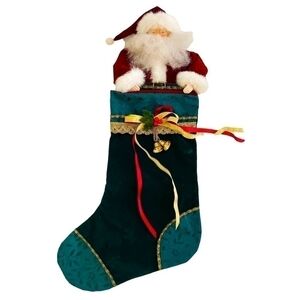Vintage Large 24” Santa Clause Red & Green Gold 3D Velvet Stocking Christmas